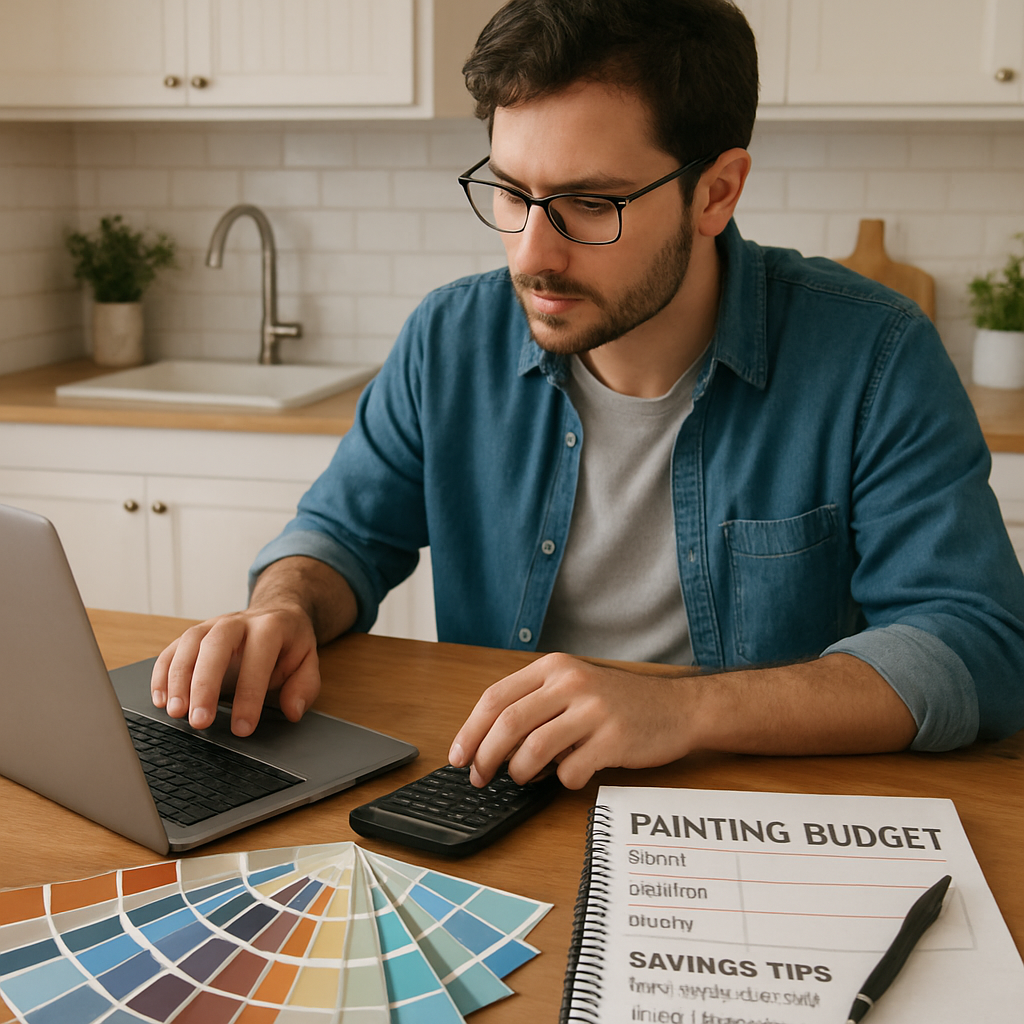 A homeowner sitting at a kitchen table with a laptop, calculator, and paint swatches spread out, planning a painting budget. Alt: Detailed interior painting budget planning guide with savings tips.