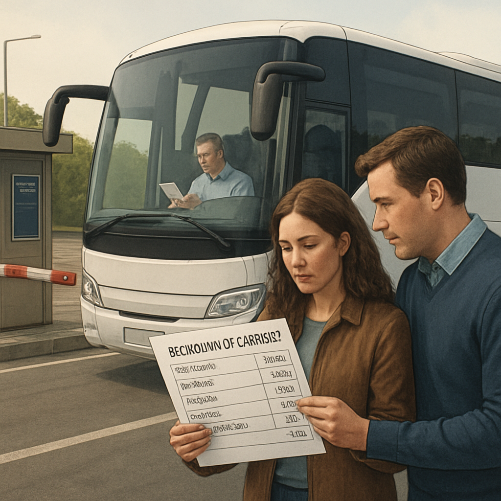A realistic illustration of a modern coach parked beside a highway toll booth, showing a driver holding a receipt and passengers looking at a price breakdown. Alt: Understanding bus rental extra fees and discounts in Madrid.