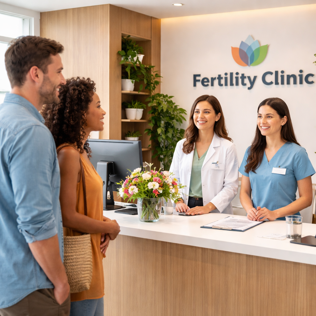 A photorealistic scene of a modern fertility clinic reception desk with friendly staff greeting an international couple. Alt: modern Mexican fertility clinic front desk with welcoming staff