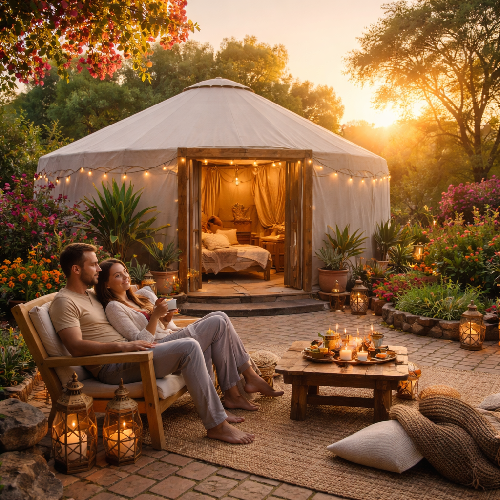 A photorealistic view of a cozy yurt set in a Mexican garden, with a couple enjoying a quiet sunrise, perfect for IVF recovery stays. Alt: tranquil Mexican yurt accommodation for IVF patients