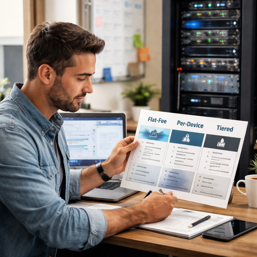 A photorealistic scene of a small business owner in a Salinas office reviewing a printed pricing chart that shows flat‑fee, per‑device, and tiered options side by side, with a laptop, a server rack, and a coffee cup on the desk. Alt: Pricing models for managed IT services in Salinas small business.