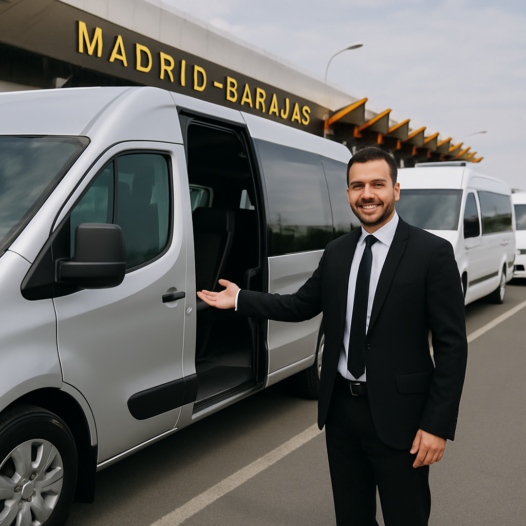 A friendly driver welcoming passengers to a sleek minibus outside Madrid-Barajas Airport, showing a variety of minibus sizes in the background. Alt: Different types of minibuses available for Madrid airport transfers ready for passengers boarding.