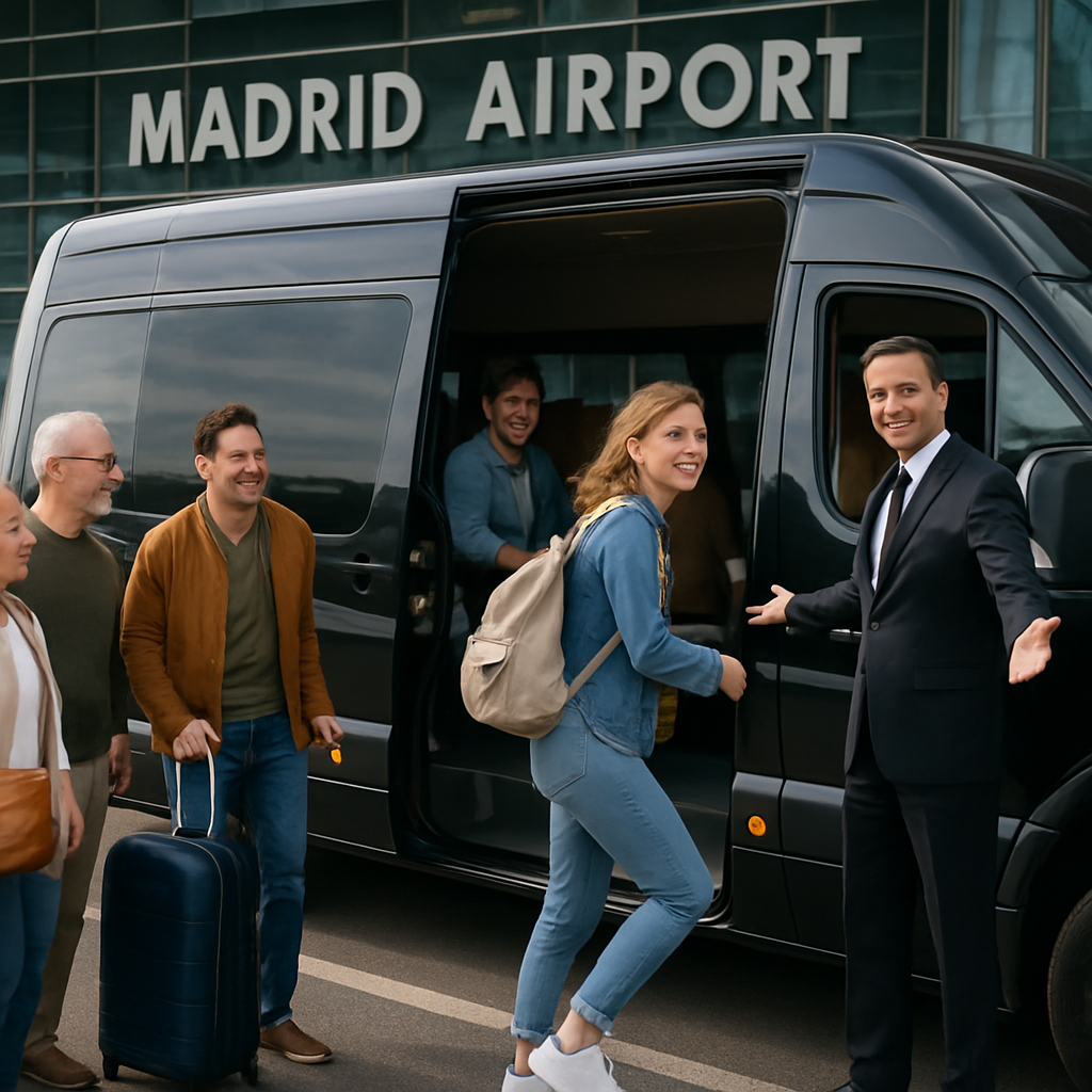 A cheerful group boarding a comfortable minibus at Madrid Airport with a professional driver welcoming them. Alt: Minibus hire Madrid Airport group transfer with driver securing best price and comfortable ride.