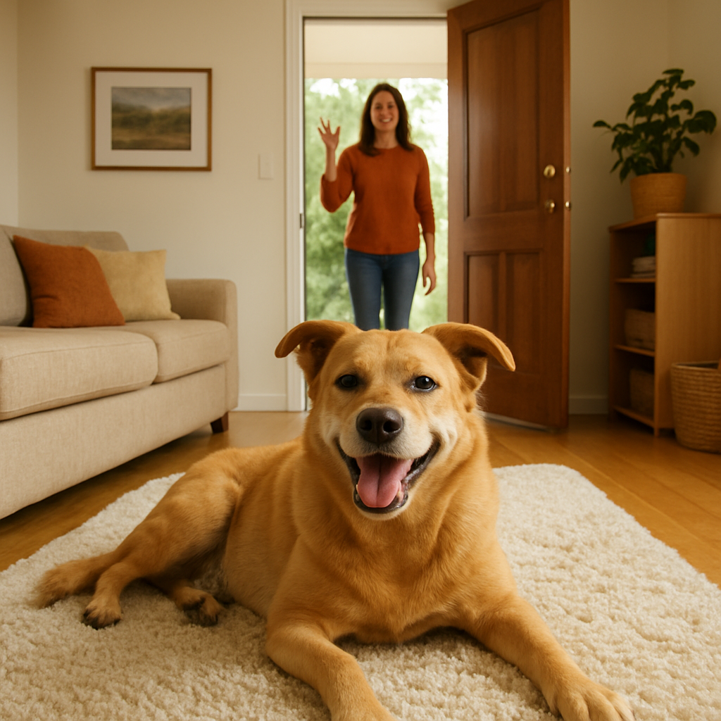 A cozy home‑style dog boarding setting with a happy dog lounging on a plush rug, owner waving goodbye at the door. Alt: Comfortable dog boarding environment in Australia.