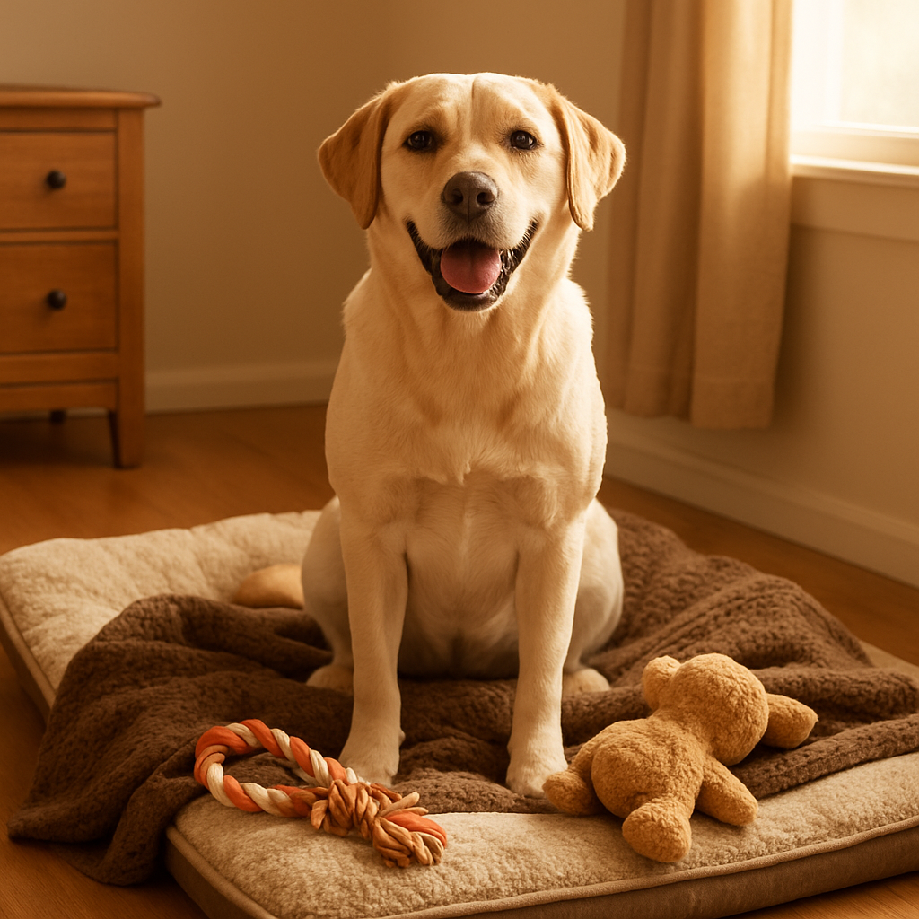 A happy dog sitting in a cozy boarding room with a blanket and toys, sunlight streaming in, showing a calm, well‑prepared pup ready for stay. Alt: Dog boarding preparation checklist with comfort items and vaccination records.