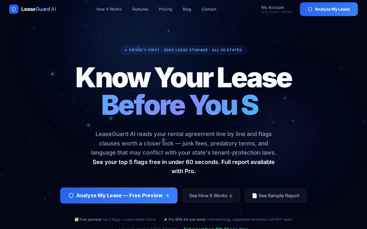 Screenshot of the LeaseGuard AI website
