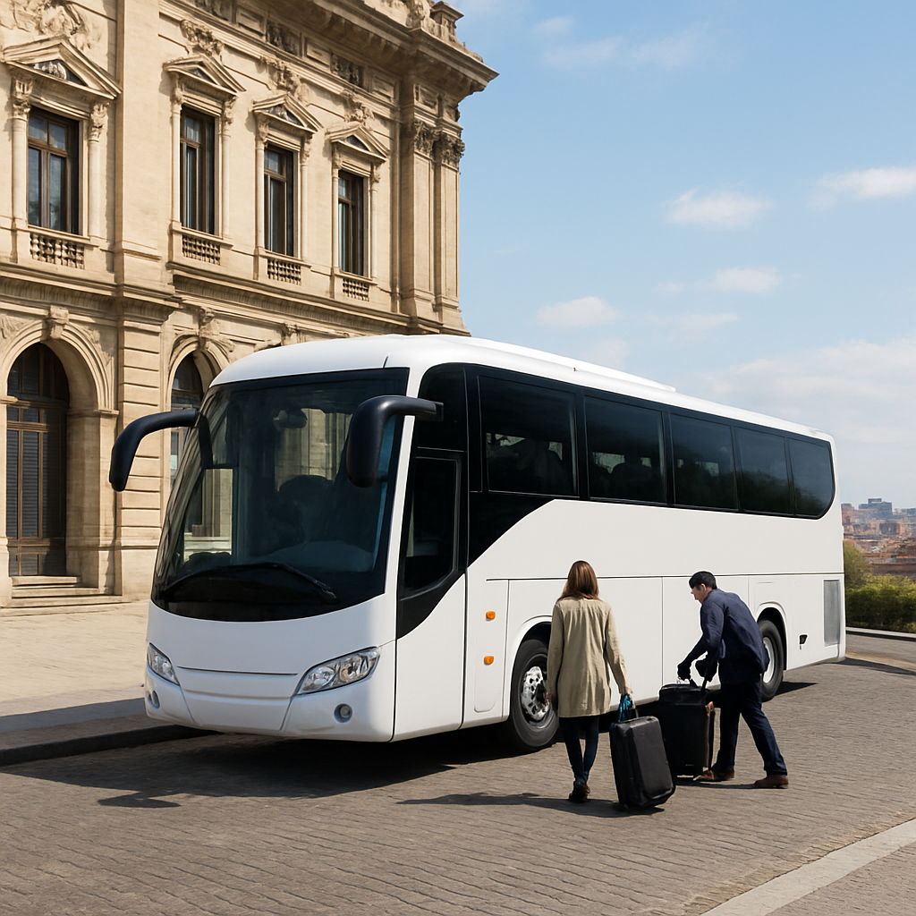 A modern coach parked outside a historic Madrid building, passengers loading luggage, with a scenic backdrop of the city. Alt: Define transport needs for bus rental in Madrid – group size, itinerary, special requirements