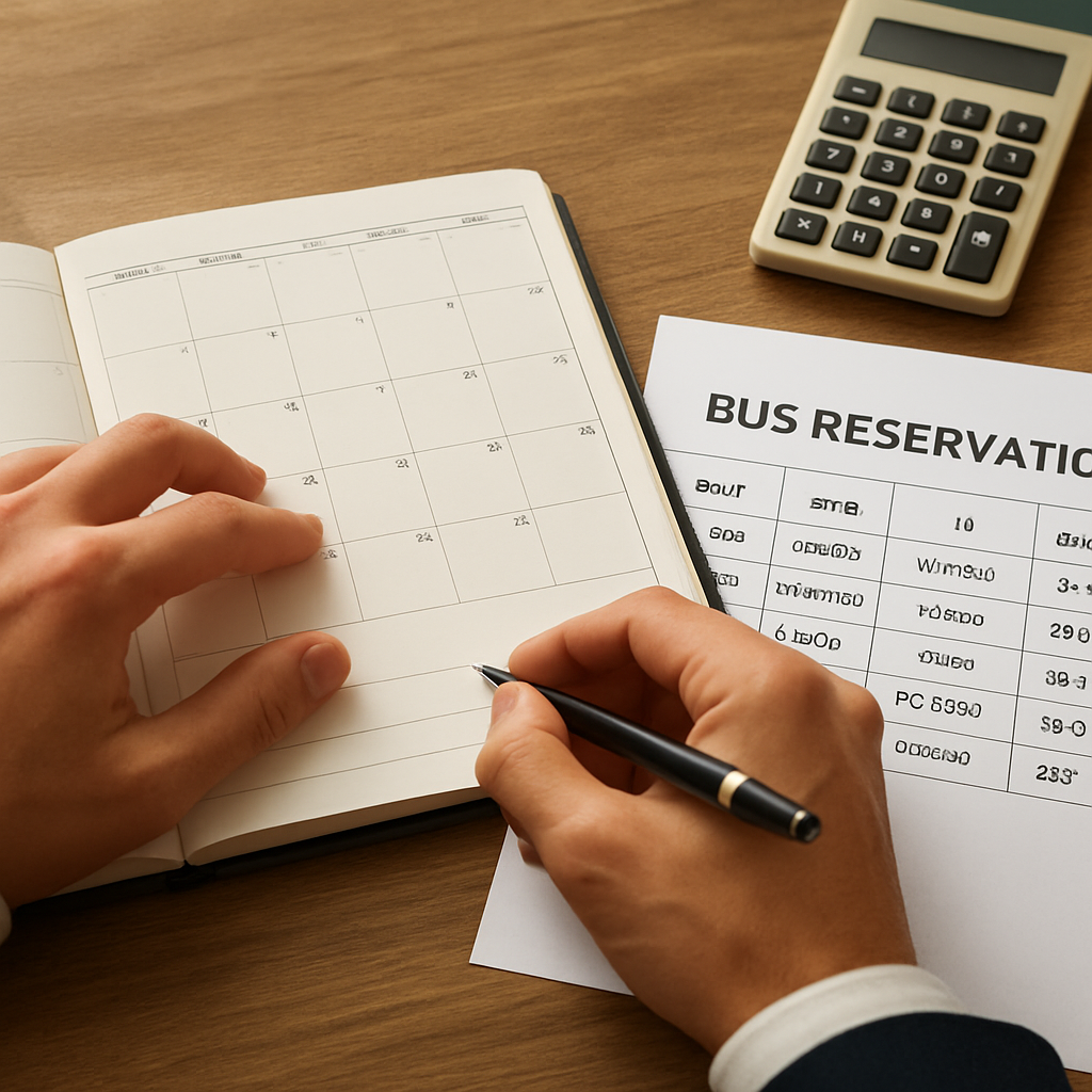 A planner checking a calendar next to a bus reservation sheet, Alt: Booking a bus smartly and saving money