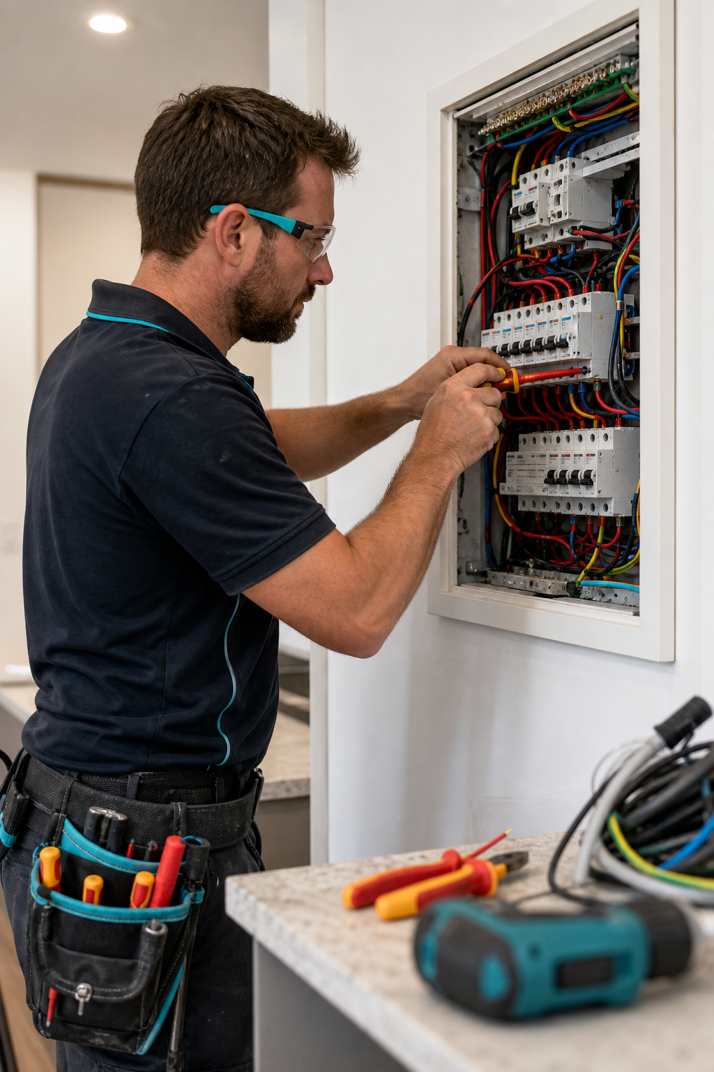 A realistic photo of an electrician working on a switchboard in a Brisbane home, with tools and wires visible. Alt: Licensed electrician rewiring a switchboard in an Australian home