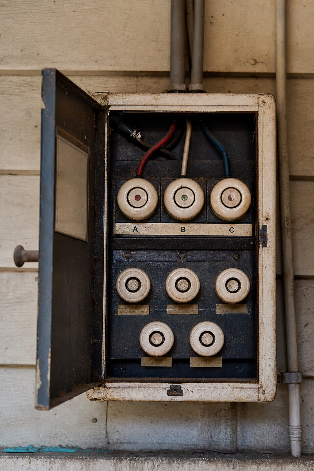 A realistic photo of a residential fuse box with old ceramic fuses, showing signs of wear. Alt: Old fuse box in an Australian home needing replacement for safety