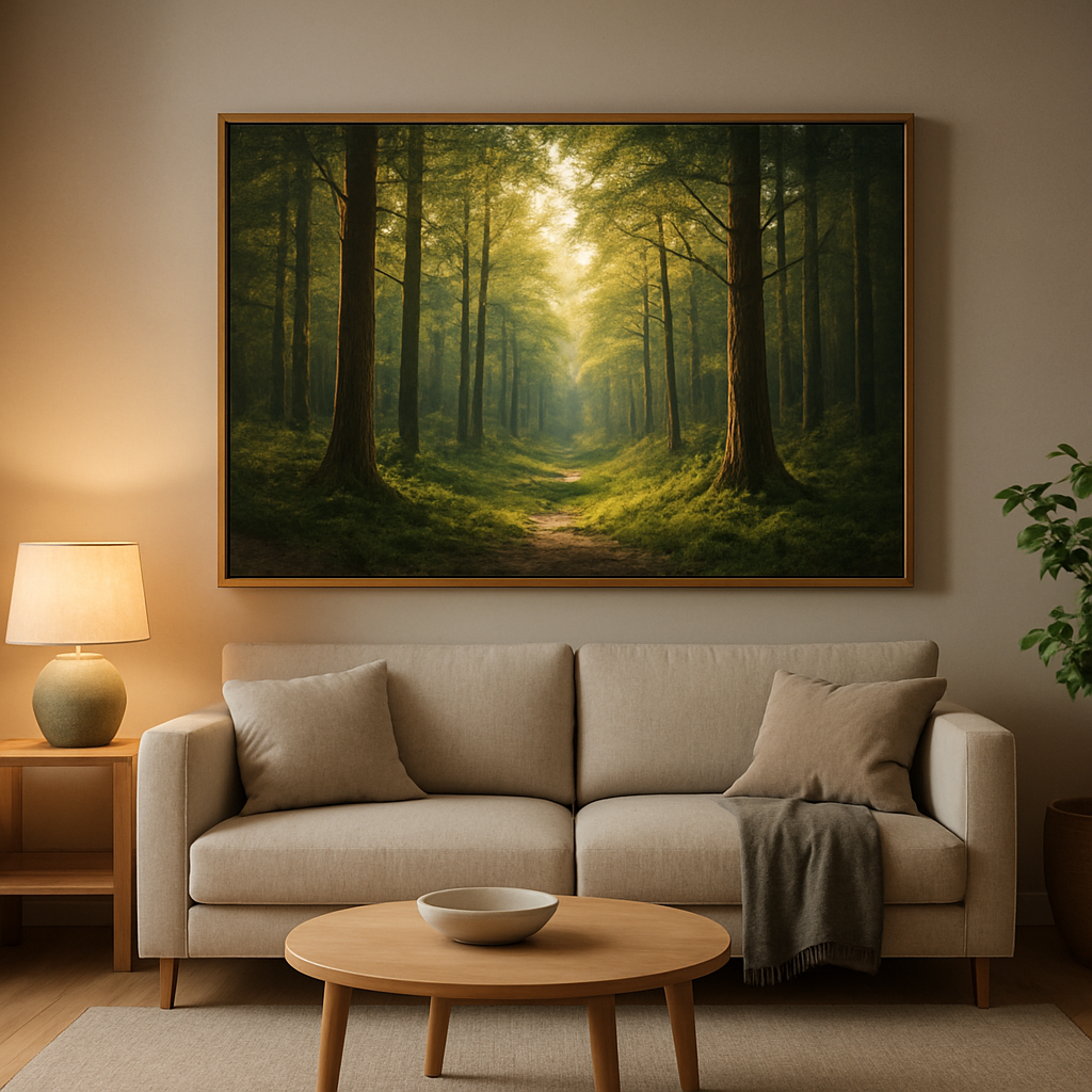 Una sala de estar moderna con un gran lienzo de 61 x 91 cm inspirado en la naturaleza que representa una escena forestal, colgado sobre un sofá bajo, con marco de madera natural e iluminación ambiental suave. Alt: Lienzo inspirado en la naturaleza colgado en una sala de estar moderna.