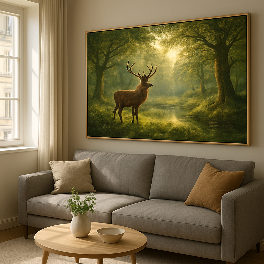 Una sala de estar moderna con un gran lienzo inspirado en la naturaleza colgado sobre un sofá, con luz natural entrando por una ventana. Alt: Lienzo inspirado en la naturaleza en un espacio contemporáneo.