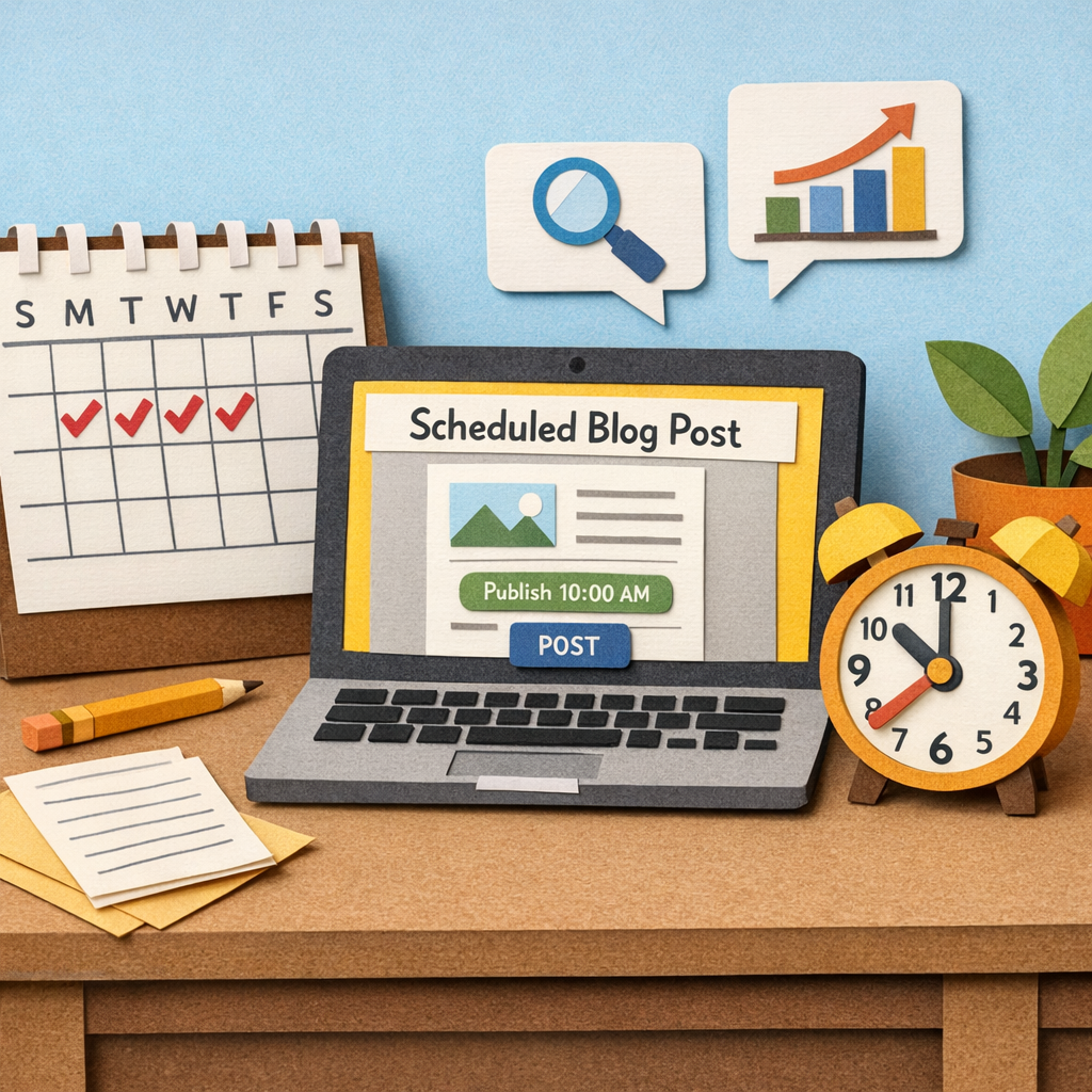 A Papercraft illustration of a desk with a calendar marked on Tuesdays, a laptop showing a scheduled blog post, and a small clock ticking, representing consistent publishing for SEO. Alt: Consistent blog publishing schedule visual.