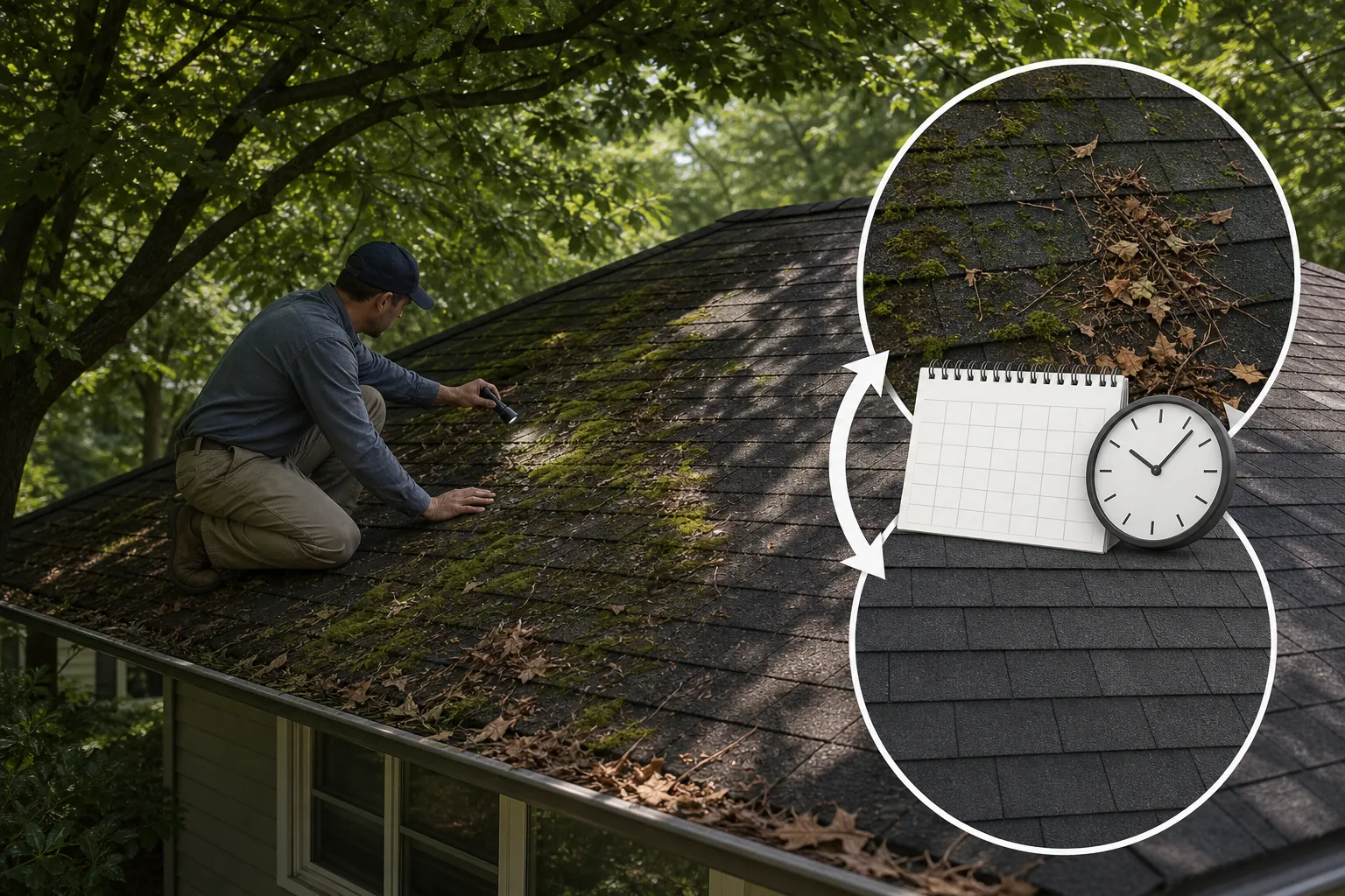 Illustration for Asphalt Shingle Roofs in Heavy Shade: Inspect Every 6 to 12 Months