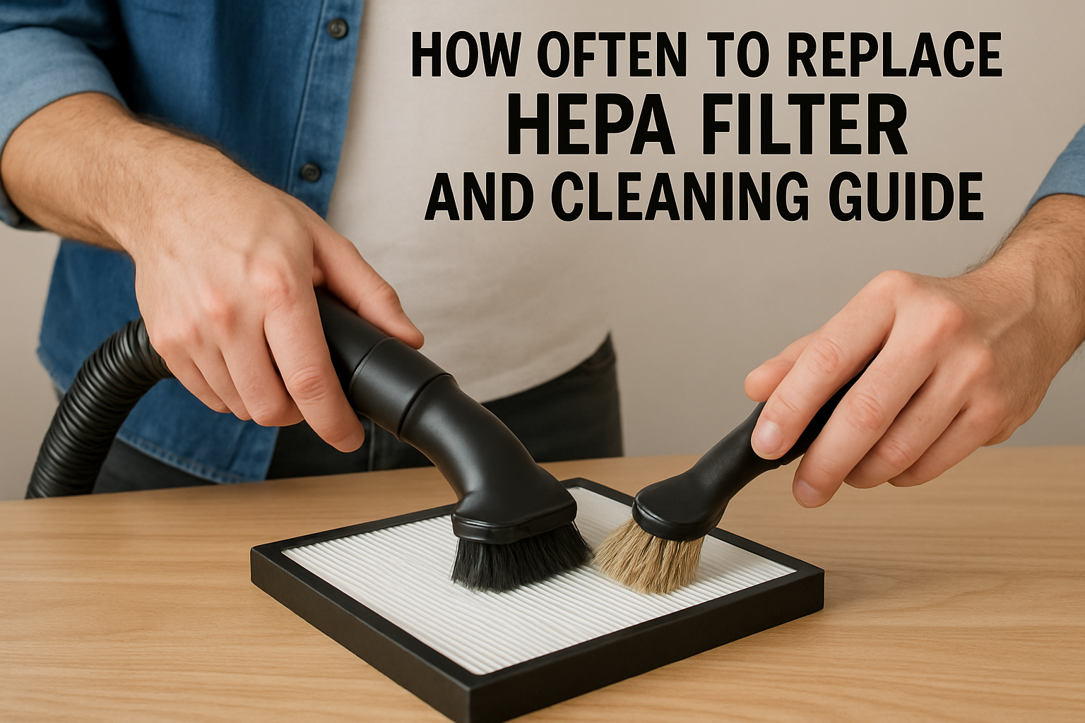 A person carefully cleaning a HEPA filter with a vacuum and soft brush, following proper guidelines. Alt: How often to replace HEPA filter and cleaning guide.