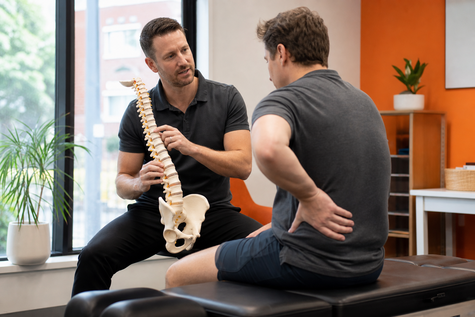 chiropractor assessing back pain and discussing visit frequency in Ascot Vale