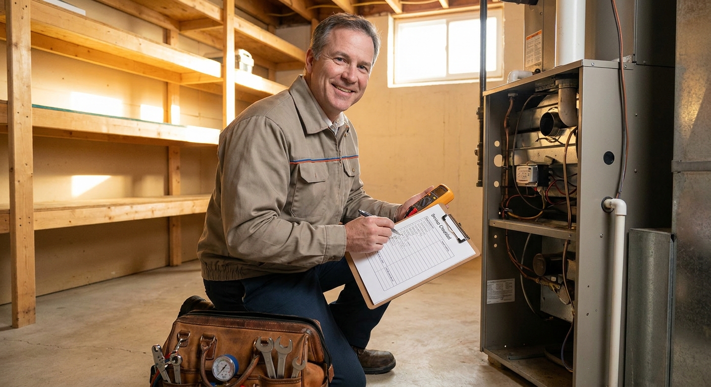 A realistic photo of a friendly HVAC technician from Home Worx inspecting a furnace in a suburban home, showing tools and a service checklist, natural daylight, warm tones.
