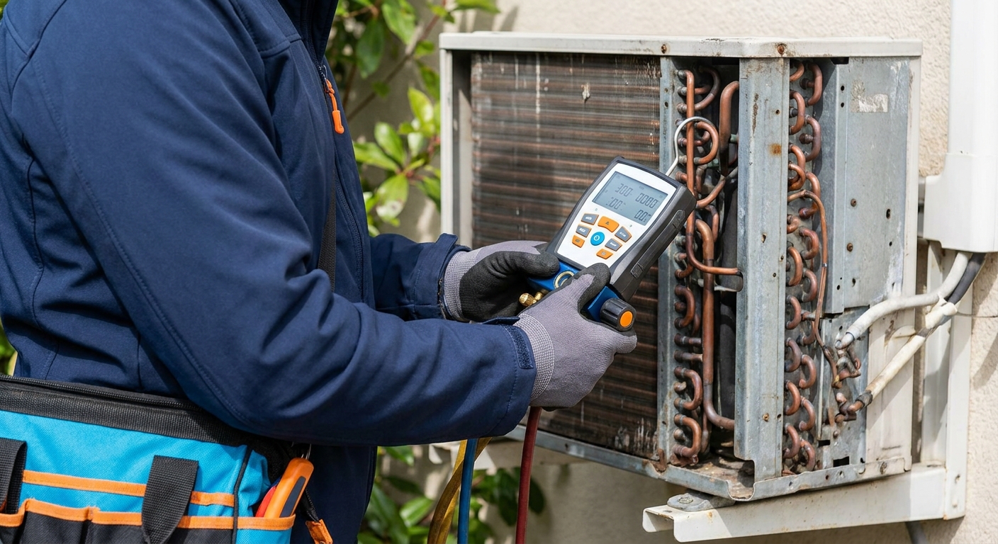 A realistic image of a technician servicing a wall‑mounted heat pump unit outdoors, showing close‑up of the coil and a digital pressure gauge, bright daylight.