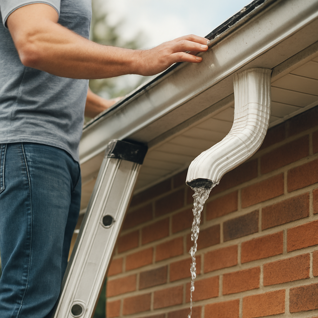 A homeowner on a ladder inspecting a gutter, showing close‑up of water flowing into a downspout. Alt: Annual gutter inspection checklist for Virginia Beach homes.
