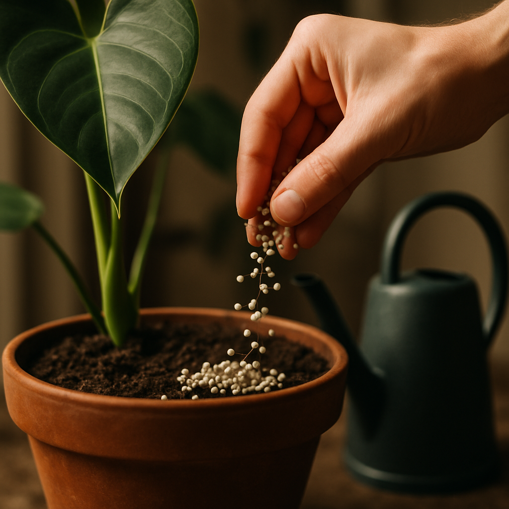 A close‑up of a hand sprinkling granular fertilizer onto a houseplant pot, showing soil and a watering can nearby. Alt: How often to fertilize houseplants - proper application guide.
