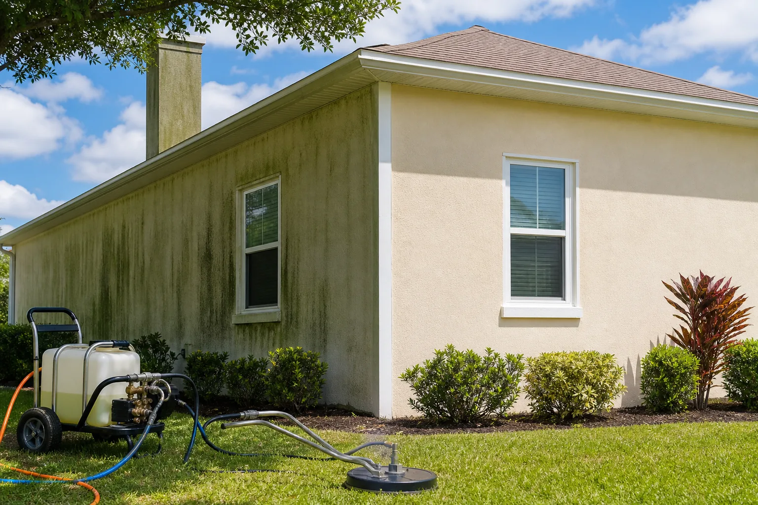 Central Florida house exterior showing shade and algae buildup before annual soft washing.