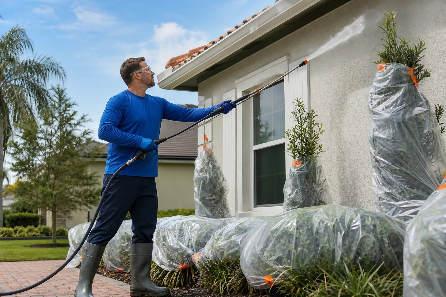 Safe low-pressure house washing with protective gear and covered landscaping.
