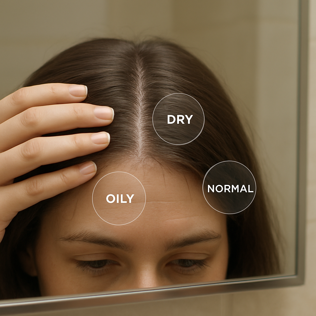 A close‑up of a hand examining a scalp in the bathroom mirror, showing different scalp types (oily, dry, normal) with a soft, natural lighting. Alt: Understanding scalp type for proper scalp scrub frequency