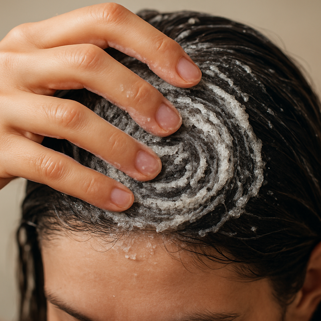 A close‑up of a hand massaging a foamy scalp scrub into wet hair, showing circular motion on the scalp. Alt: How to properly apply a scalp scrub for healthy hair.
