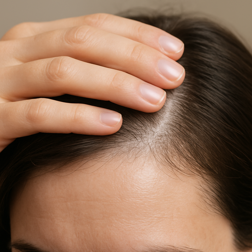 A close‑up of a hand feeling a clean scalp, showing subtle shine and healthy texture. Alt: Assessing scalp oiliness for thinning hair.