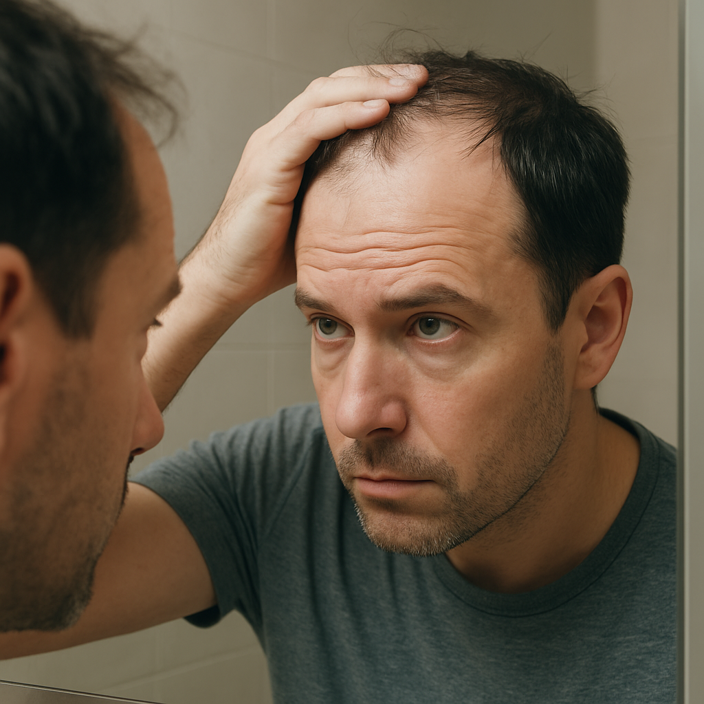 A person checking their scalp in the mirror, noting oil levels and hair texture. Alt: Monitoring scalp health to decide how often to wash thinning hair