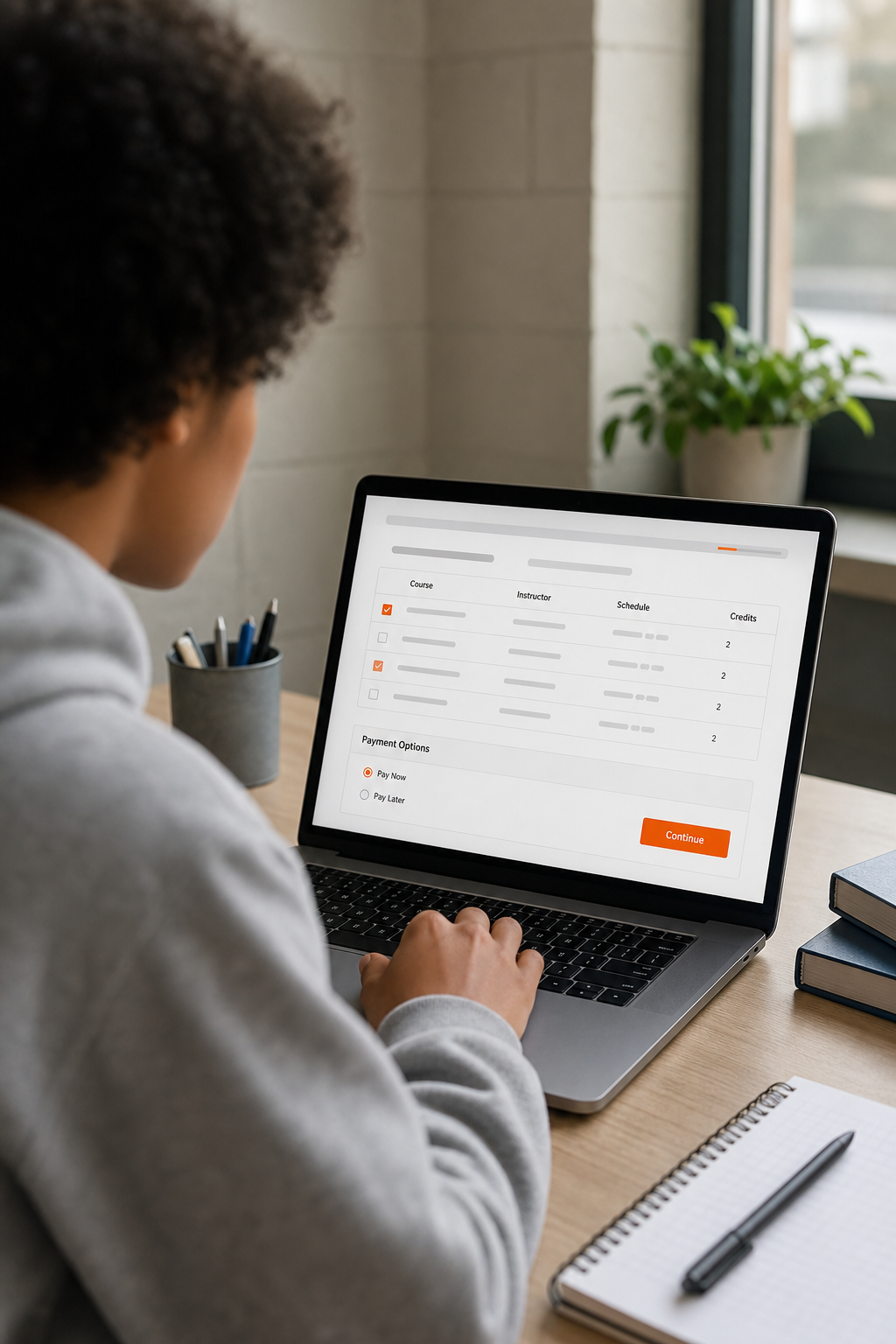 A realistic scene of a student using a laptop to register for a class on a university portal. Alt: online class registration interface showing course list and payment options.