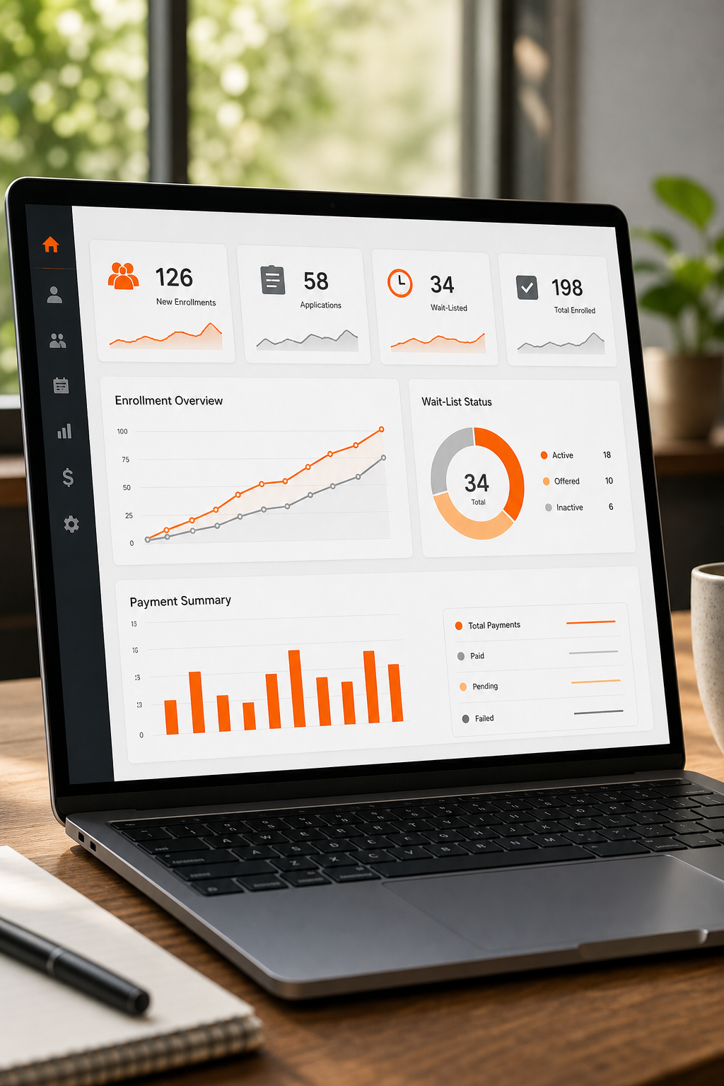 A realistic illustration of a dashboard showing enrollment metrics, wait‑list status, and payment summaries. Alt: online registration analytics dashboard with charts and numbers.