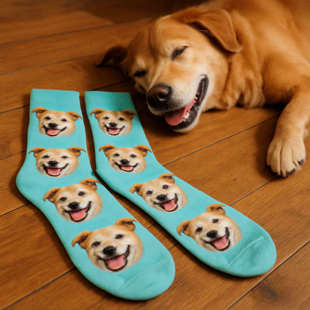A cozy pair of personalized pet face socks resting on a wooden floor next to a happily napping dog. Alt: Personalized pet face socks showcasing a detailed, lifelike image of a happy dog’s face.