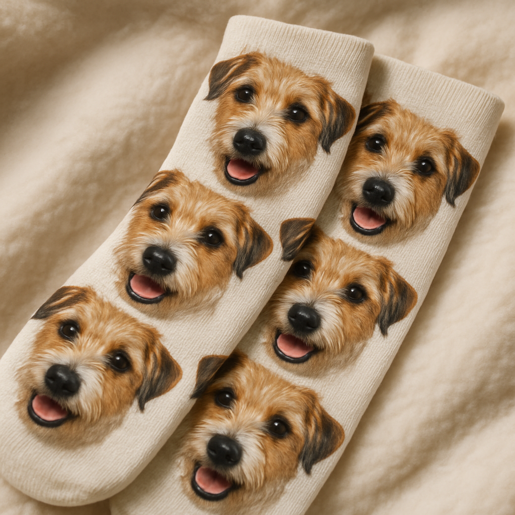 A cozy pair of personalized pet face socks laying on a soft surface, showing detailed printing of a dog’s face. Alt: Close-up of personalized pet face socks featuring vibrant, detailed printing techniques.