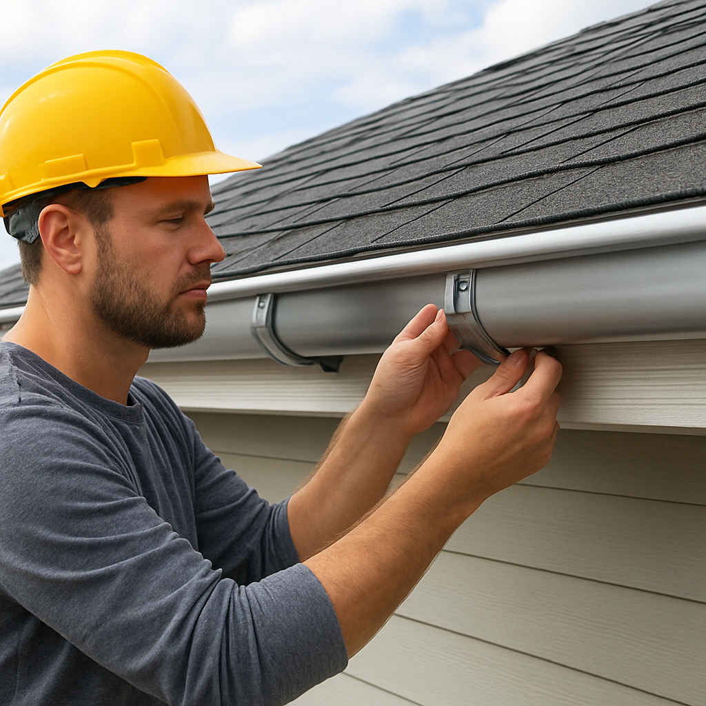 A homeowner standing on a rooftop with seamless gutters, inspecting the metal and brackets. Alt: Seamless gutter installation steps.