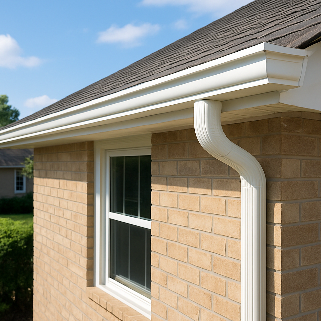 A residential home with newly installed seamless gutters, showing a clean roofline and neatly positioned downspouts. Alt: Seamless gutters installation step.