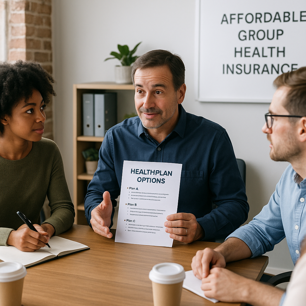 A small business owner reviewing health plan options with employees in an office meeting. Alt: affordable group health insurance small business consultation meeting.
