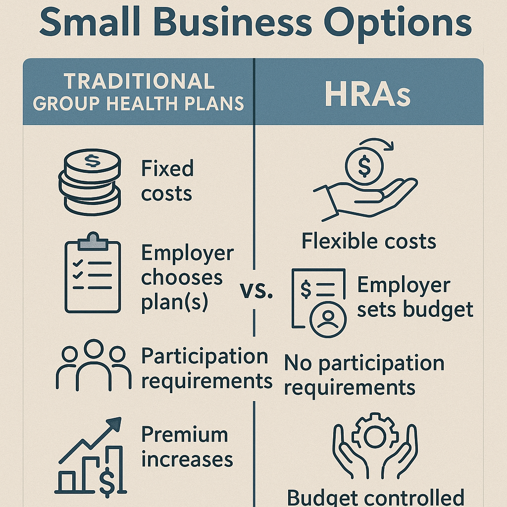 Infographic showing comparison of traditional group health plans versus HRAs for small business affordability. Alt: affordable group health insurance small business options infographic.