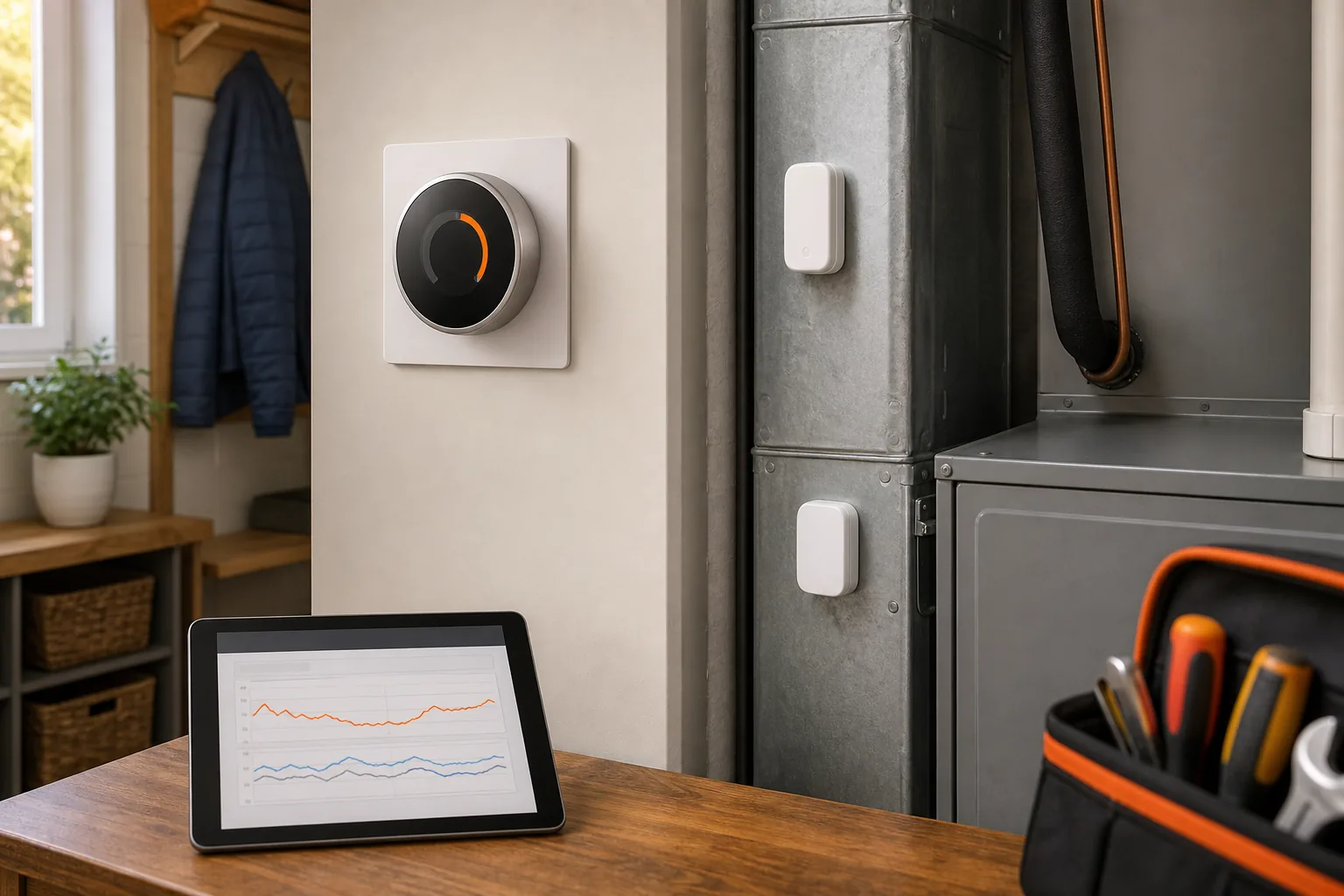 smart HVAC monitoring sensors and thermostat connected for remote home climate tracking.