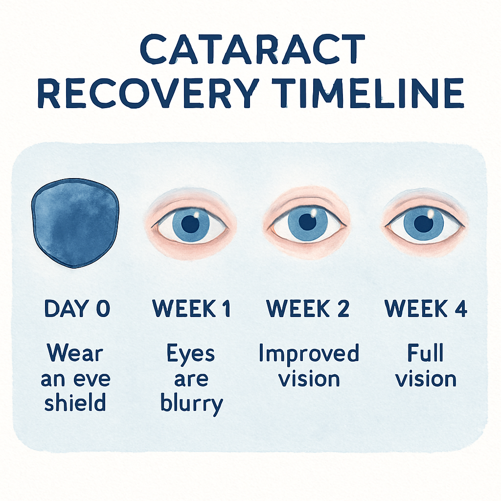 A clean, modern infographic showing the day‑by‑day cataract recovery timeline, from day 0 shield to week 4 full vision. Alt: cataract surgery healing timeline infographic for safe driving after surgery.