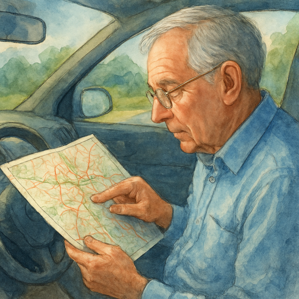 A senior driver carefully checking a road map before a short post‑cataract surgery drive. Alt: Planning first safe drive after cataract surgery.