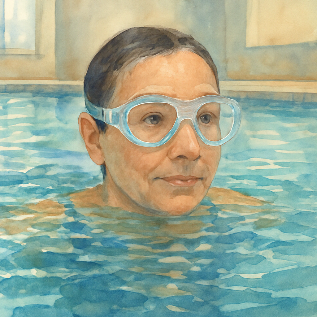 A calm indoor pool with a person wearing clear waterproof goggles, the water shimmering, and a subtle focus on the eyes. Alt: Post‑op cataract surgery patient swimming safely with goggles