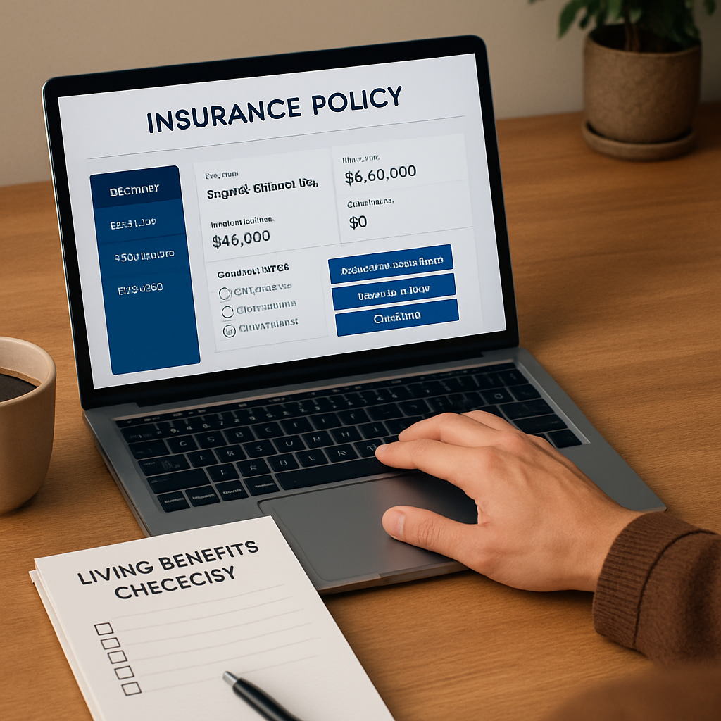 A calm home office scene where a person reviews an insurance policy dashboard on a laptop, with a coffee mug and a notepad labeled “Living Benefits Checklist”. Alt: Managing and optimizing living benefits on an indexed universal life insurance policy