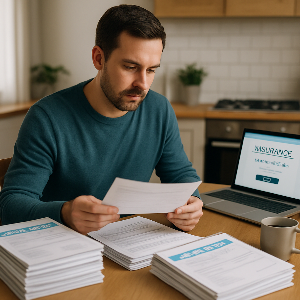 A person sitting at a kitchen table surrounded by neatly stacked medical documents, a laptop open to an insurance portal, and a coffee mug. Alt: Gathering required documentation for a living benefits claim on an IUL policy.