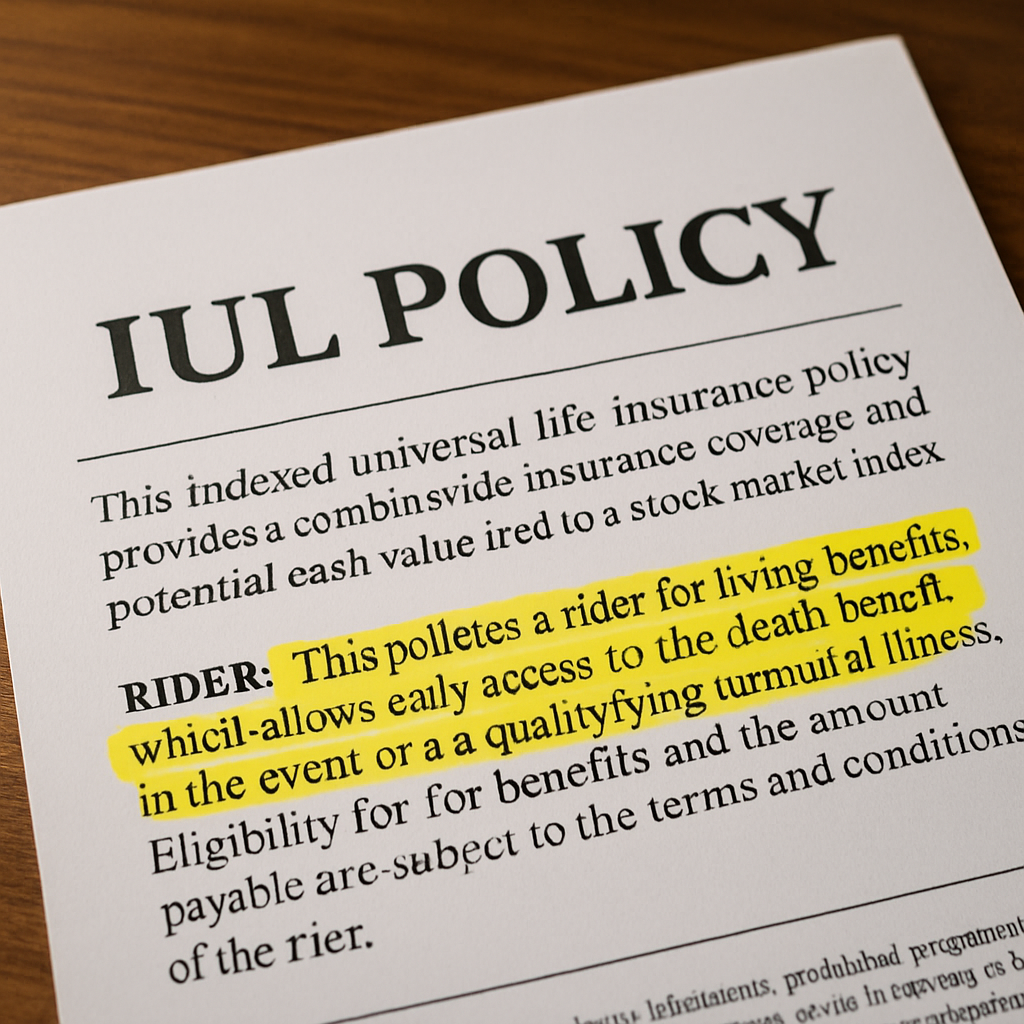 Close-up of an IUL policy document with highlighted rider language. Alt: Review IUL policy for living benefit eligibility