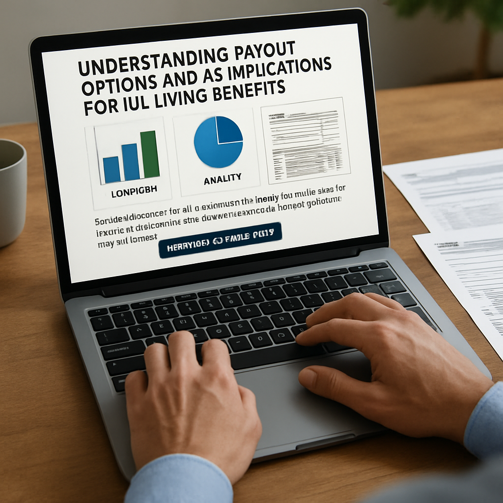 A person reviewing payout options on a laptop, showing charts and tax forms. Alt: Understanding payout options and tax implications for IUL living benefits