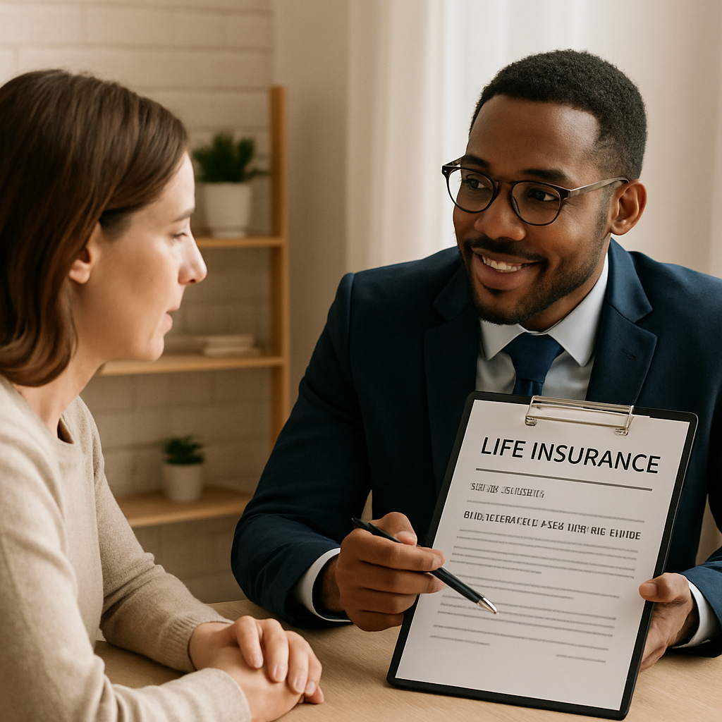 A comforting image showing a person consulting a life insurance agent, discussing policy details including accelerated death benefit rider. Alt: How to add accelerated death benefit rider to life insurance discussion.