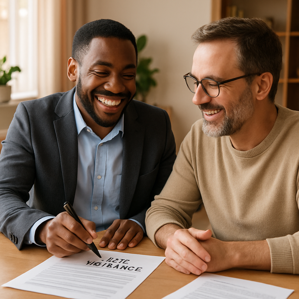 A life insurance agent and client consulting over paperwork with a warm, friendly atmosphere. Alt: Life insurance expert advising a client on customizing accelerated death benefit riders in life insurance.