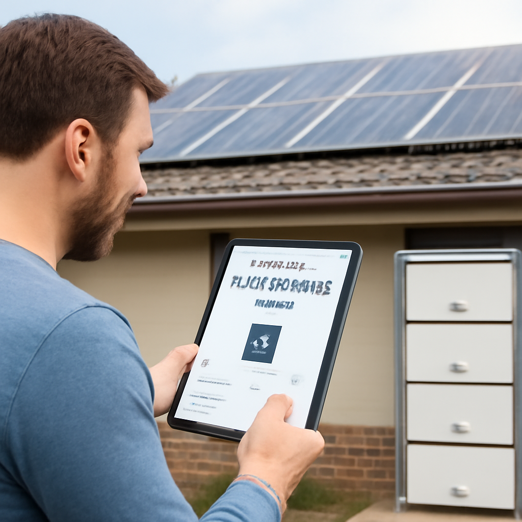 A homeowner reviewing solar inverter specs on a tablet, showing panels on roof and battery rack. Alt: Assess solar setup for battery addition