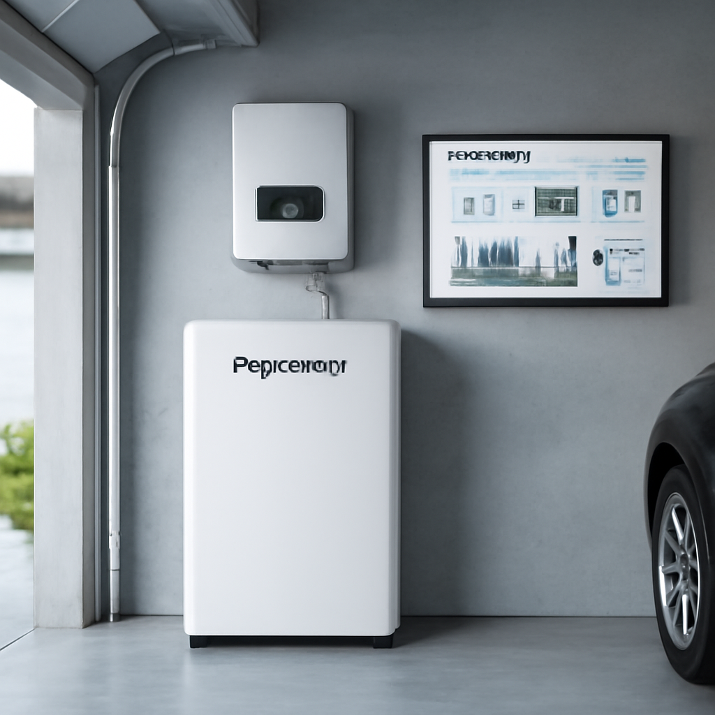 A modern home garage with a solar battery and inverter, showing monitoring screen displaying performance metrics. Alt: Testing and optimizing solar battery performance after installation.